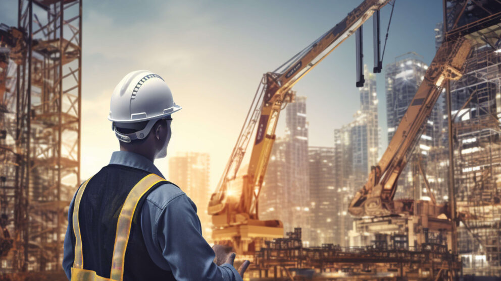 Man in hard hat looking at urban construction site and crane in distance.