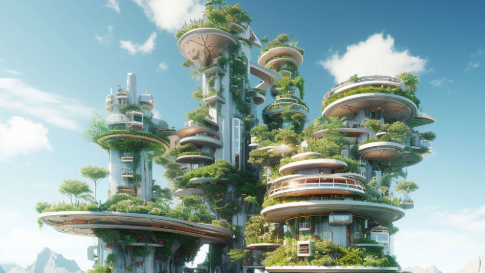Futuristic building with UFO-shaped levels with greenery and glass features.