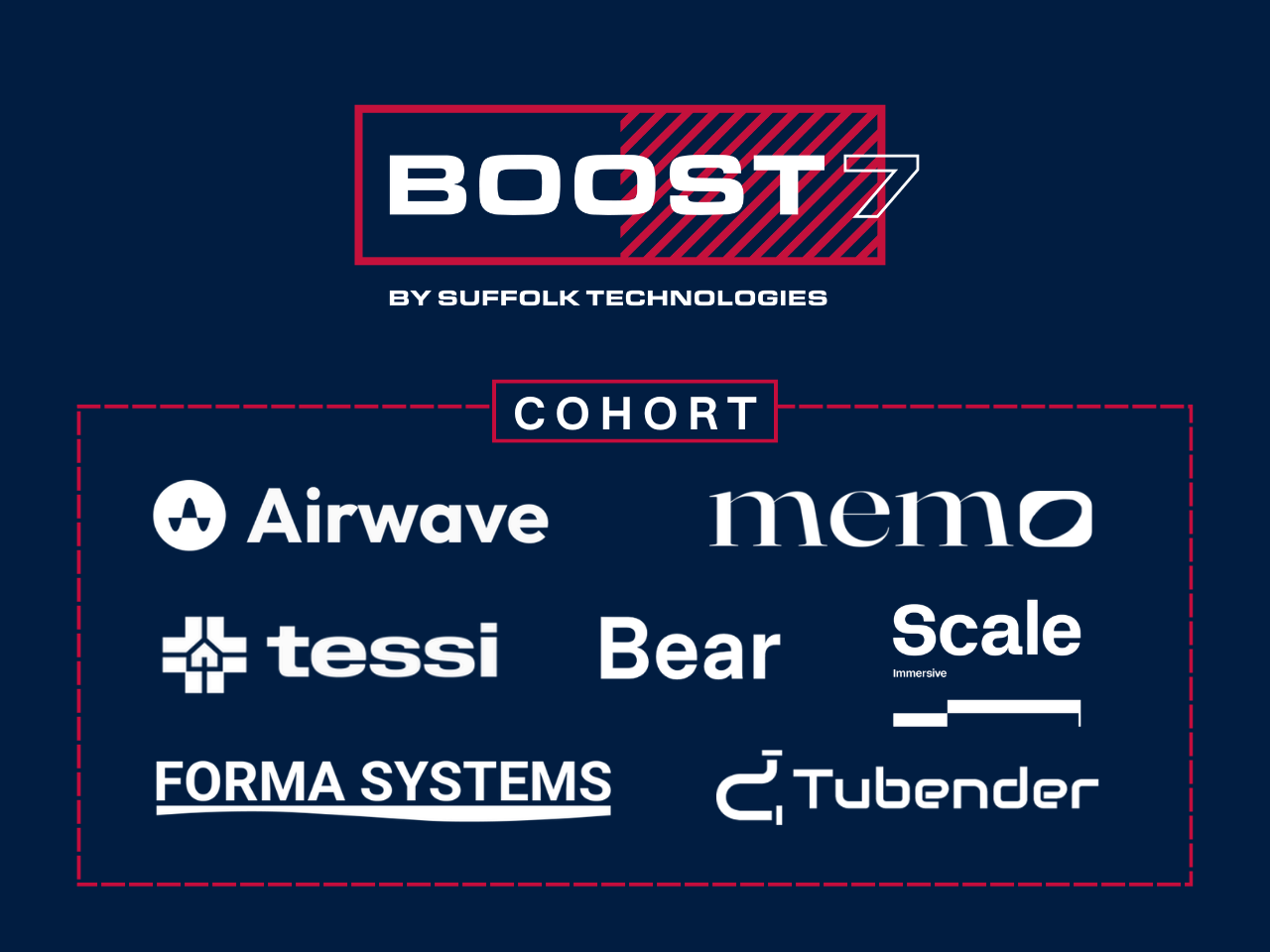 Boost 7 cohort announcement with company logos, including Airwave, Memo, Tessi, Bear, Scale Forma Systems, and Tubender